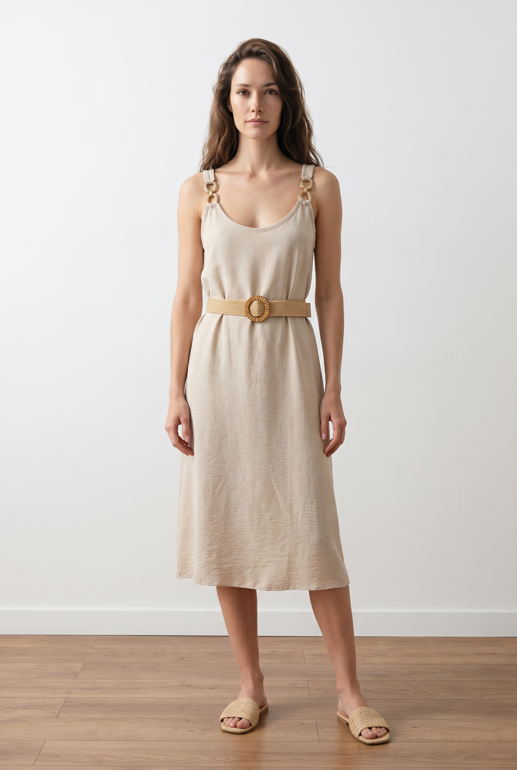 Vestido beige con detalles de aro